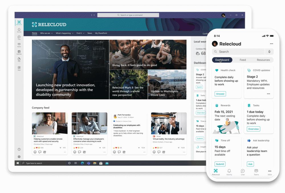 Viva Connections provides a personalised gateway to your digital workplace where employees can access internal communications and company resources like policies and benefits.
