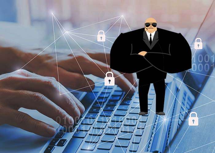 Illustration of a security guard standing at a laptop screen, symbolizing web filtering and online access control